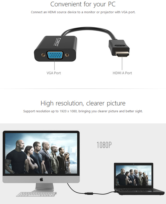 Orico DHTVC20 HDMI A to VGA Adapter ( Black ) Asianic Distributors